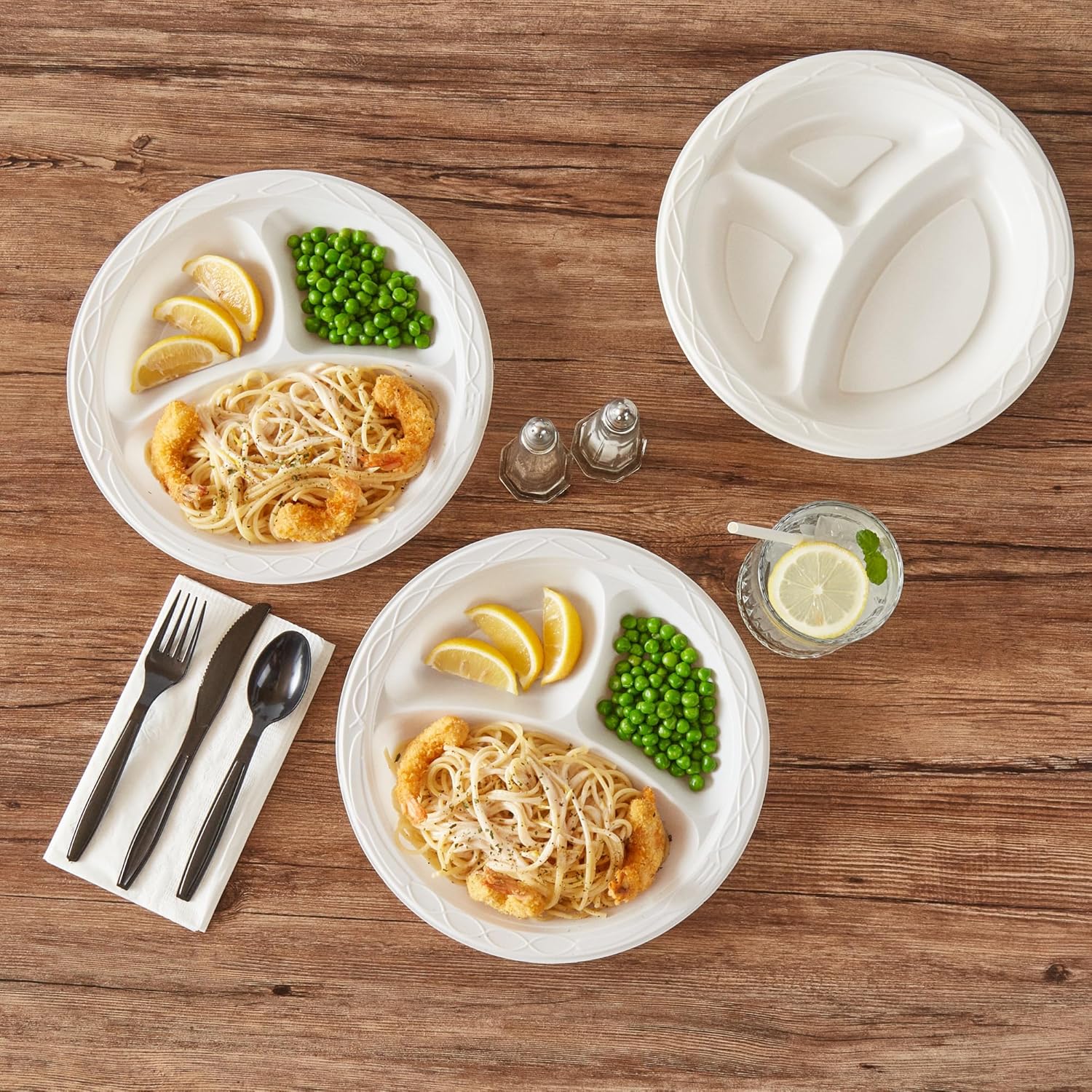 Restaurantware-RW Base 10.4 Inch Microwavable Food Plates, 150 Round Plastic Plates - 3 Compartments, Disposable, White Plastic Dinner Plates, Serve Hot And Cold Foods, For Restaurants And Cafes